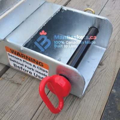 Integrated Fork Guide 10 | ManBaskets.ca ManBaskets.ca Integrated Fork Guide with high-grade retaining pin and welded fork pocket showing proper telehandler safety design.
