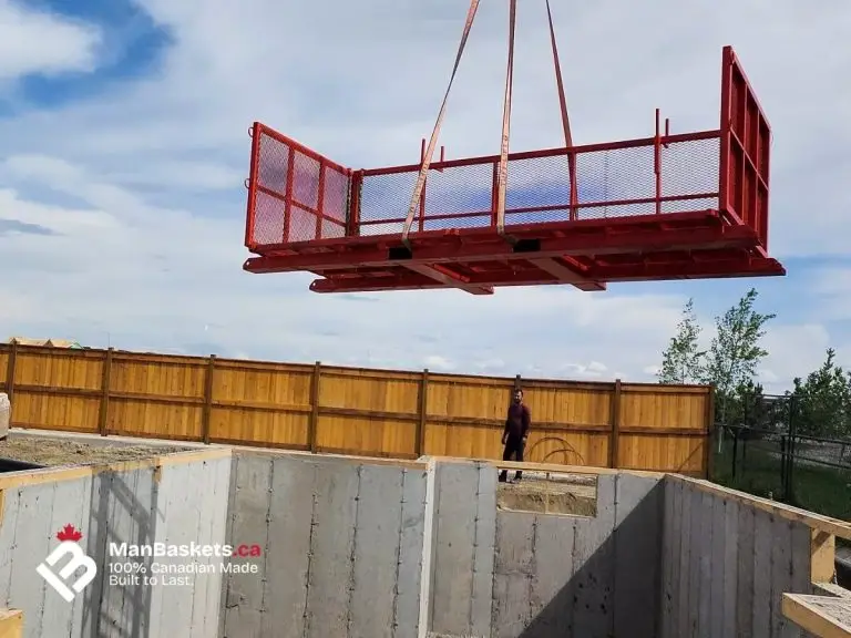 5×12 Heavy-Duty Telehandler Man Basket – Residential Framing Project 4 | ManBaskets.ca Custom Painted Man Basket in Active Construction Site | ManBaskets.ca