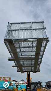 5×12 Heavy-Duty Telehandler Man Basket with Fold-Down Side Extensions 9 | ManBaskets.ca Underside View of Heavy Duty Telehandler Man Basket – Reinforced Steel Frame | ManBaskets.ca
