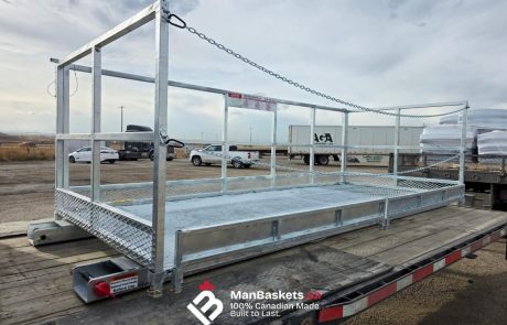 5×12 Standard Galvanized Man Basket for Masonry Work – Regina, SK 3 | ManBaskets.ca 5×12 Galvanized Man Basket Loaded on Flatbed Trailer | ManBaskets.ca