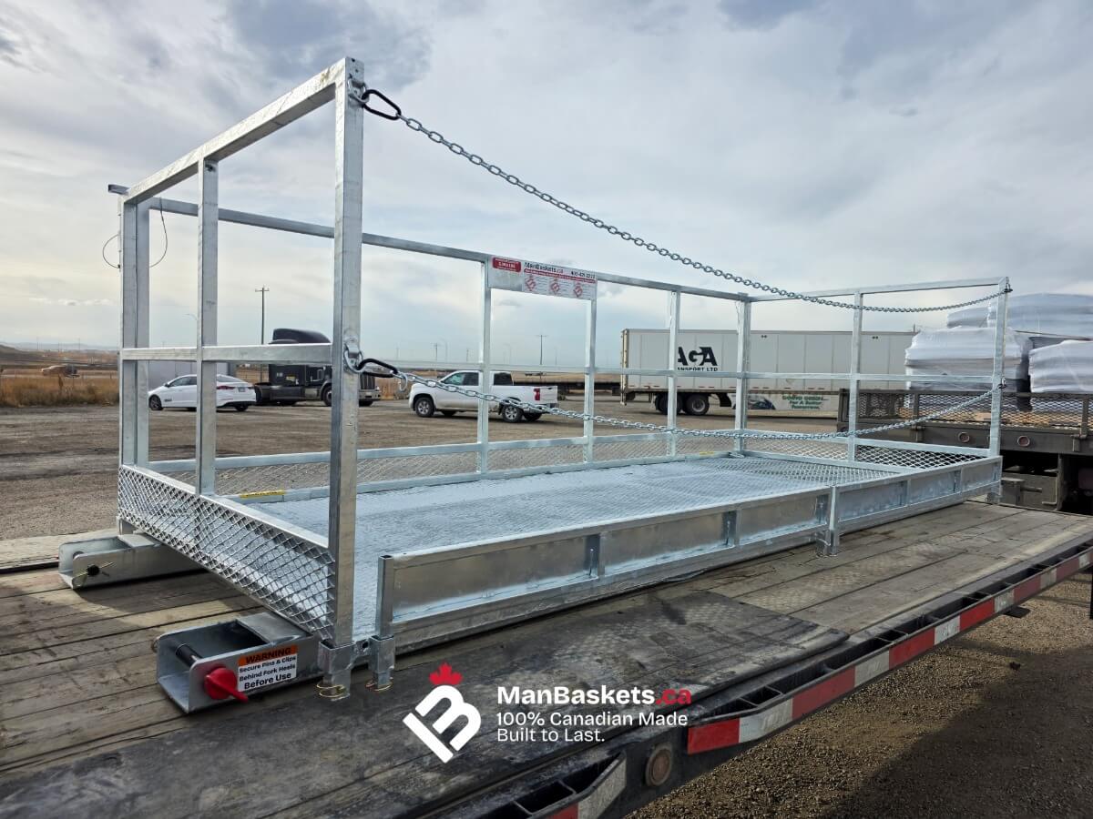 5×12 Galvanized Man Basket Loaded on Flatbed Trailer | ManBaskets.ca