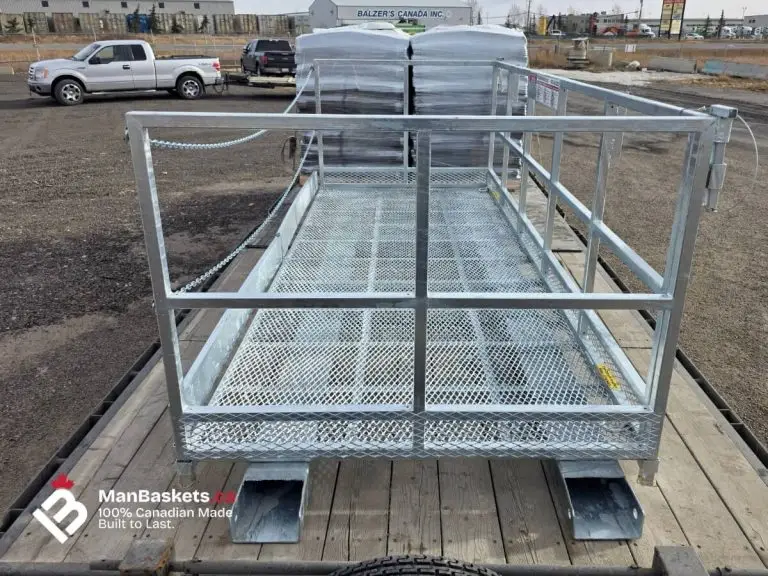 5×12 Standard Galvanized Man Basket for Masonry Work 4 | ManBaskets.ca Side Profile Showing Full Platform Length and Guardrail System 2 | ManBaskets.ca