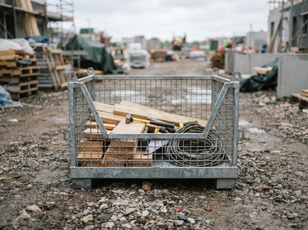 Galvanized steel material basket with lumber and tools (illustrative AI-generated image)